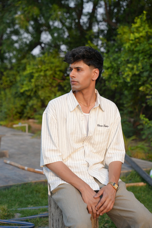 Linen blend black striped shirt