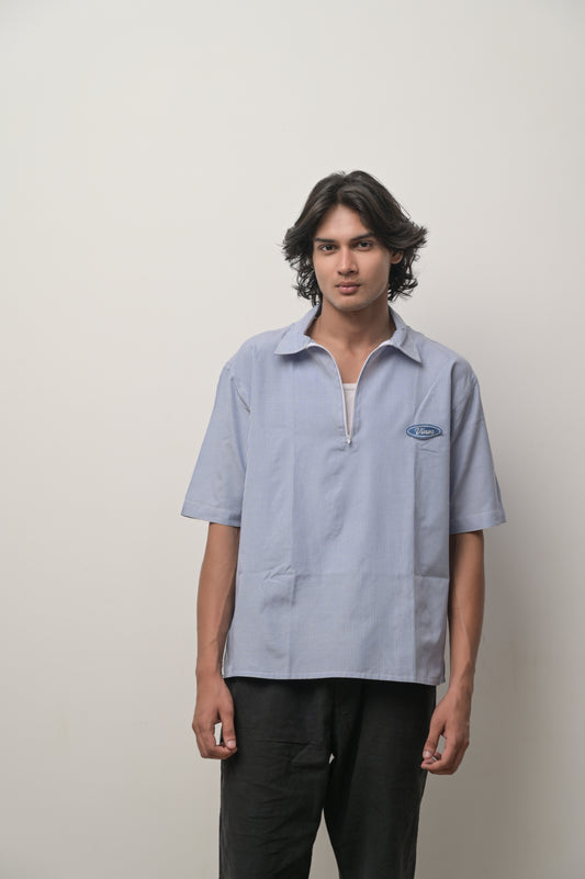 Blue striped shirt with brand logo